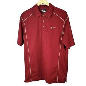 Nike Golf Mens Polo Shirt Red Large Tan Stitching 3 Buttons Short Sleeve Dri-Fit